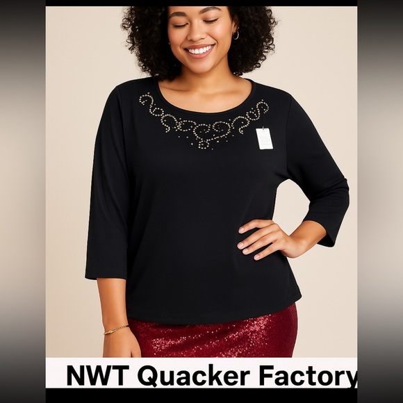 Quacker Factory Tops - NWT Quacker Factory by Jeanne Bice Black Rhinestone Embellished Top Women’s 2X